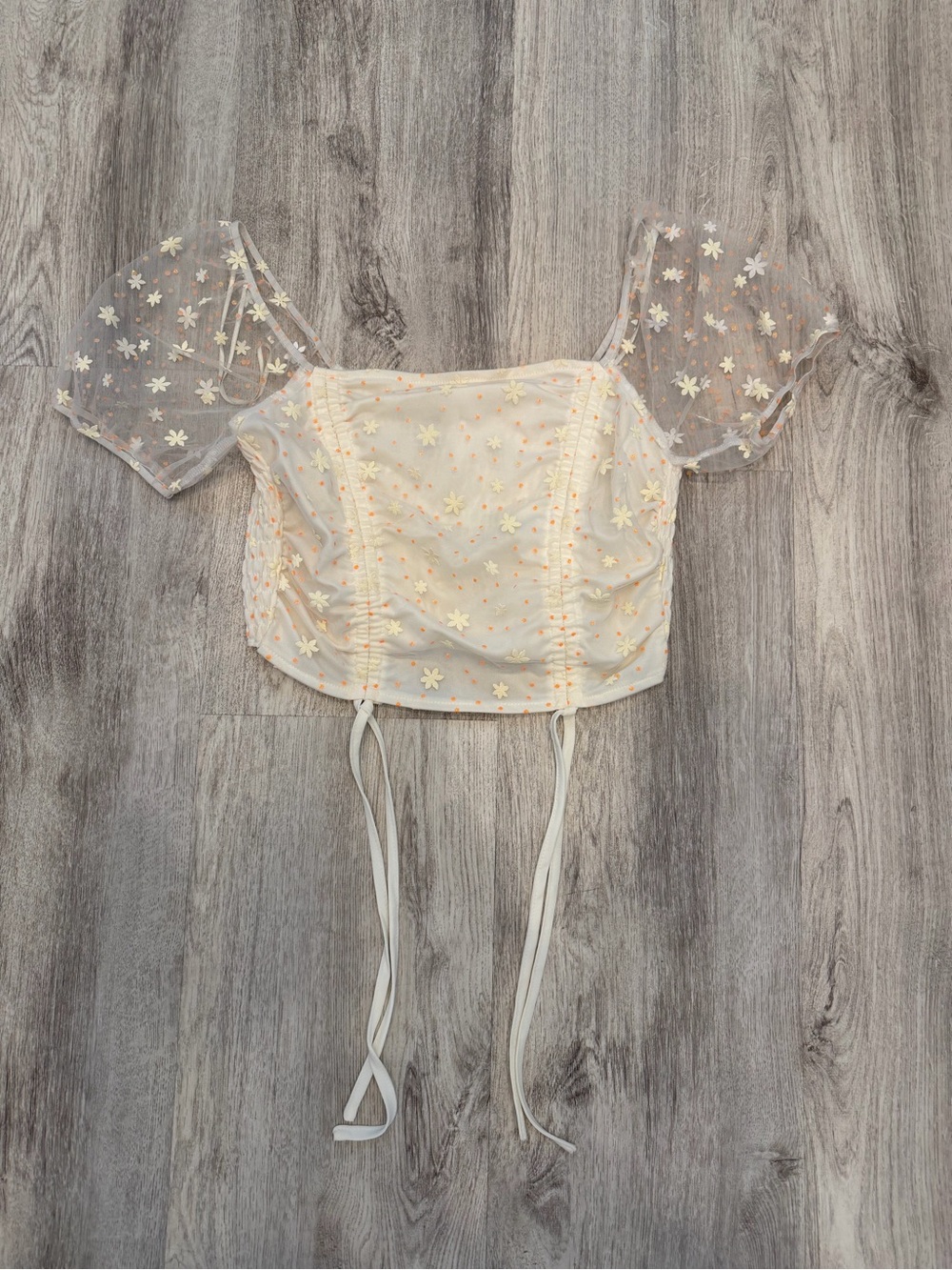 Lelis Collection Small Ivory Floral Mesh Puff Sleeve Corset Crop Top